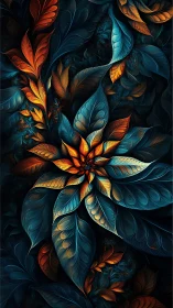 Luminous teal and ember fractal flora unfolding at night.