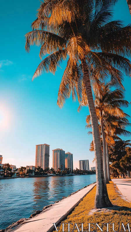 Sunlit palms crown a neon-bright waterfront cityscape.
