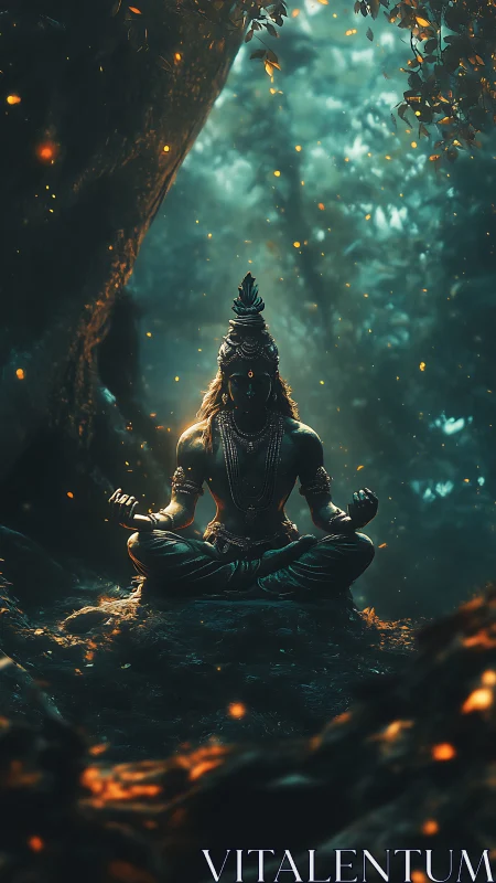 Meditating figure in forest clearing with glowing particles.