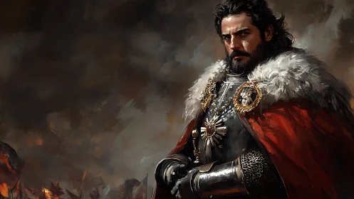 Medieval noble in armor with red cloak against smoky sky.