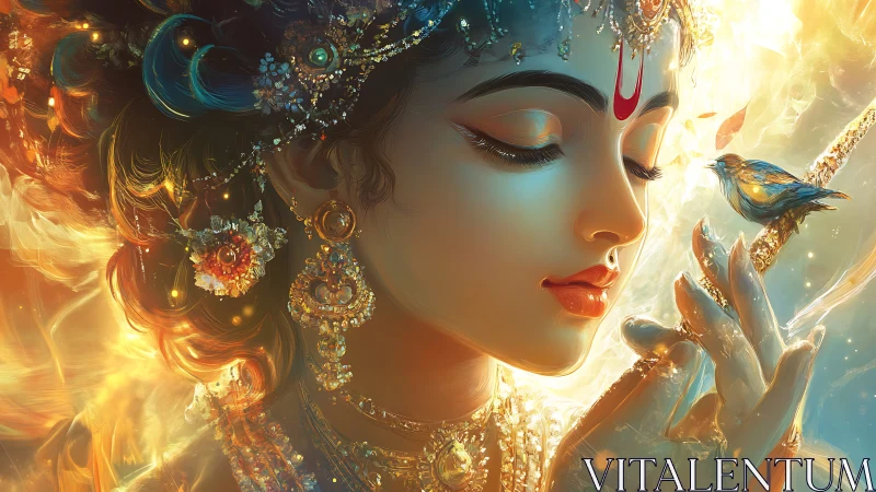 Digital portrait shows jeweled figure with bird at fingertips