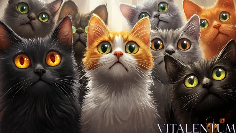 Five Cats with Luminous Eyes in Ethereal Digital Artwork