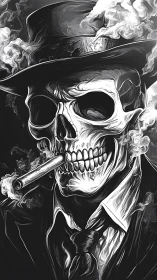 Smoldering skeletal gangster portrait in monochrome smoke rendering.