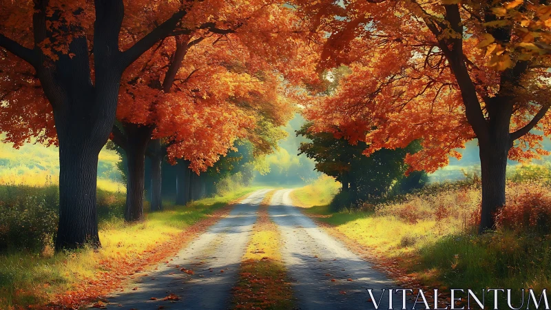 Sunlit country lane under vivid autumn tree canopy.