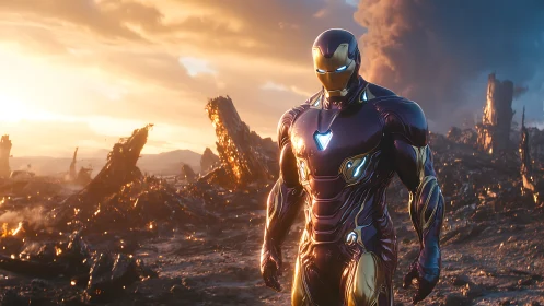 Armored hero strides across scorched futuristic wasteland