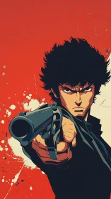 Determined anime gunman aims forward against splattered red