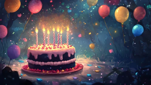 Celestial Cake: Luminescent Birthday Dream Unfolds.