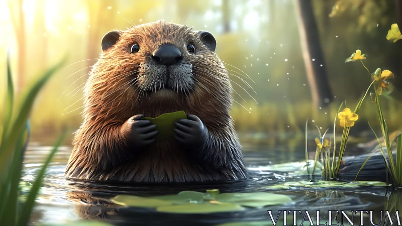 Gentle river otter enjoying a leafy snack in golden light.