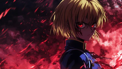 Vengeful anime warrior with glowing red eyes in flames.