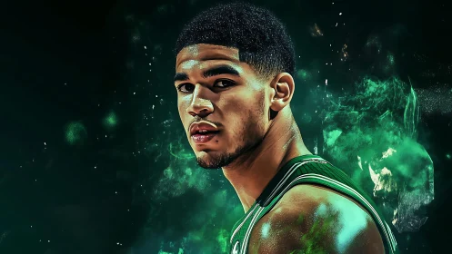 Emerald-lit basketball hero rising through cosmic court haze.