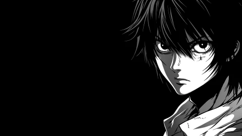 Monochrome anime portrait shows high contrast side lighting