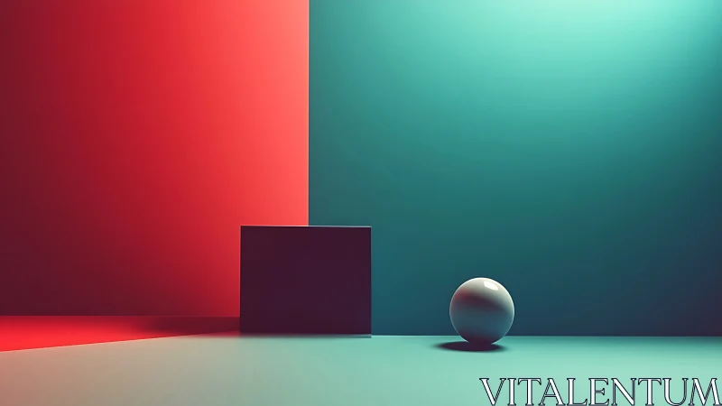 Geometric duet in neon calm, where cube meets wandering sphere.