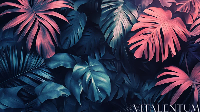 Neon cyan and coral tropical foliage forms a cinematic canopy