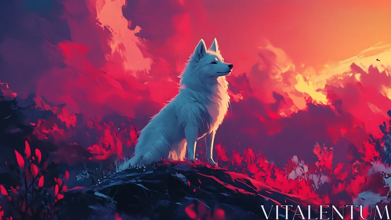 White wolf stands on ridge under vivid crimson sunset
