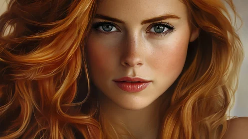 Close-up digital portrait of woman with red wavy hair.