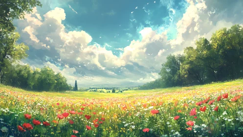 Sunlit wildflower meadow under towering summer clouds.