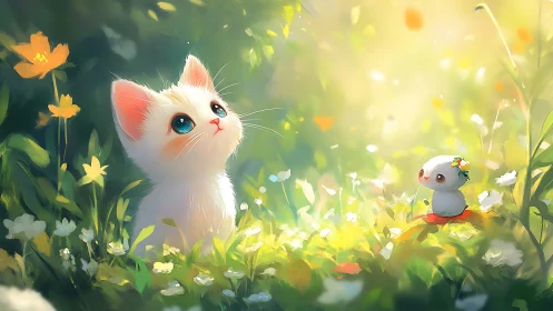 A Curious White Cat Explores a Sunlit Flower Garden