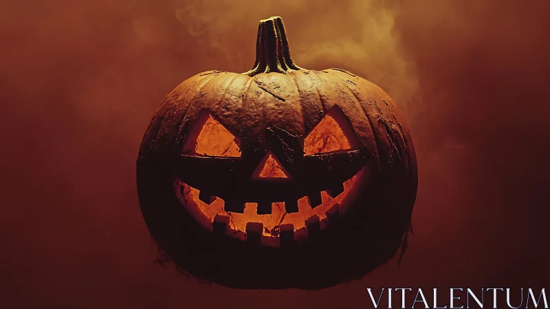 Grinning ember jack o’ lantern in smoky harvest nightfall.