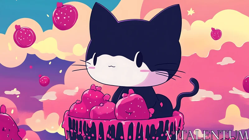 Kawaii black cat perches on strawberry sundae clouds.