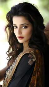 Portrait shows poised woman in ornate embroidered sari