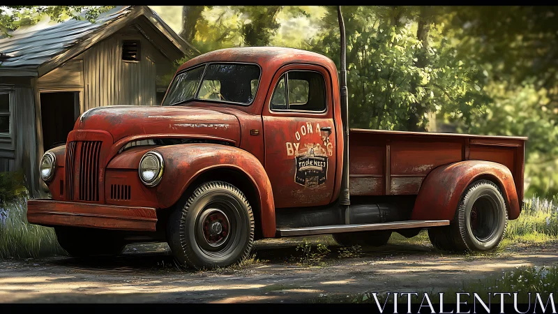 Red vintage pickup truck parked beside small wooden shed.
