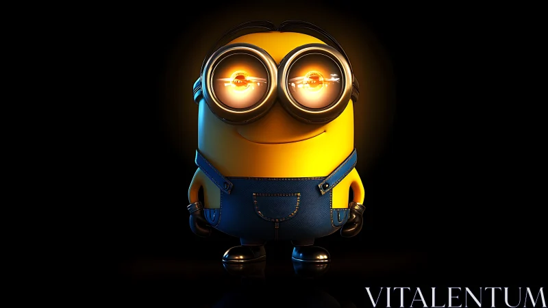 Yellow cartoon minion with glowing eyes on black background.