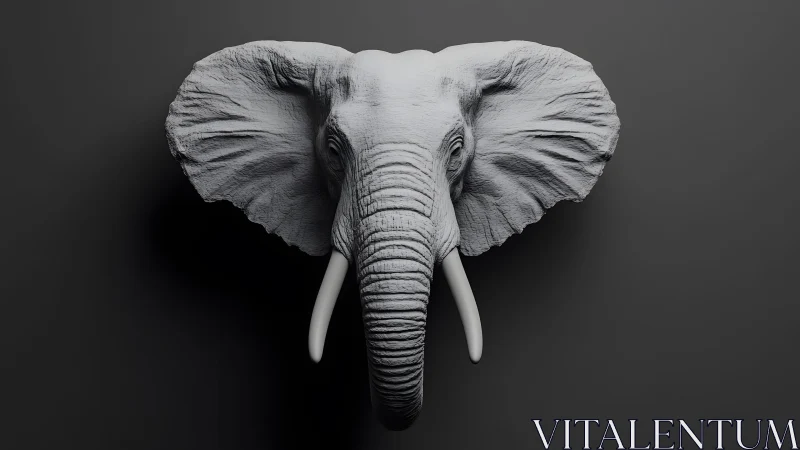 Realistic Elephant Head Sculpture in Monochrome Minimalist Style.