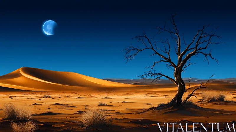Moonlit desert tree watching over quiet golden dunes.