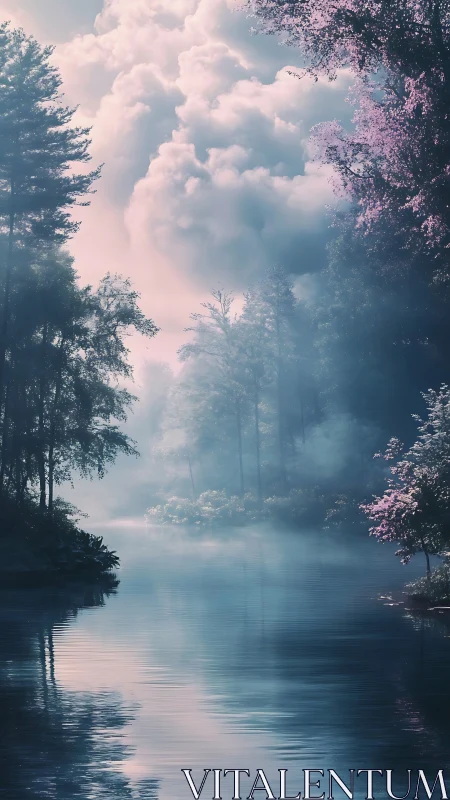 Mist veils tranquil forest river under soft pastel dawn