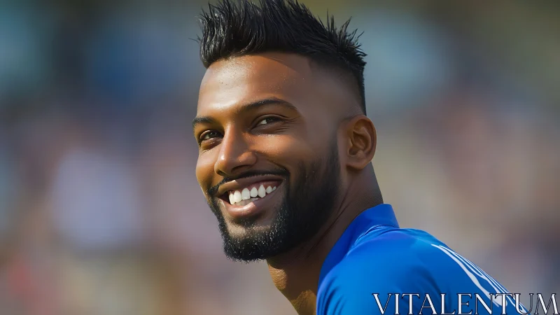 Sunlit smile of an athlete in bright blue jersey.