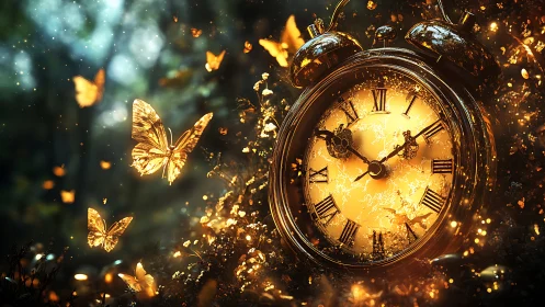 Firefly hours spill from a golden clock into wild twilight