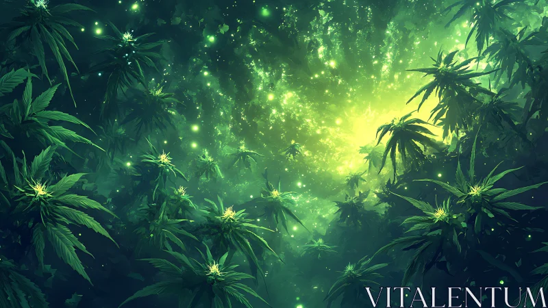 Bioluminescent jungle canopy radiates emerald stellar light