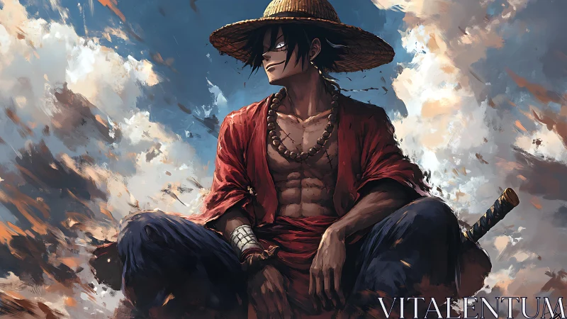 Straw-hatted warrior seated against dynamic painterly sky backdrop
