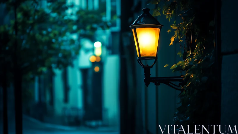 Gaslit wall lantern illuminating ivy on dim blue street