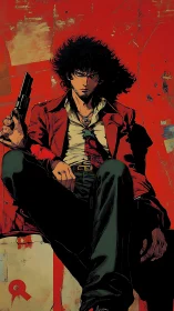 Rogue gunslinger broods against a storm of scarlet paint.