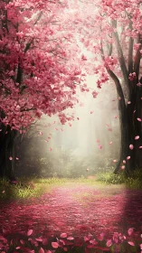 Cherry blossom pathway glowing with pink petals falling through misty forest