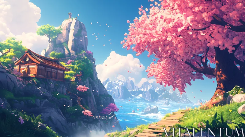 Mountain coast landscape with cherry tree and wooden shrine.