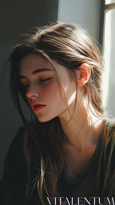 Soft morning light rests gently on a thoughtful young woman