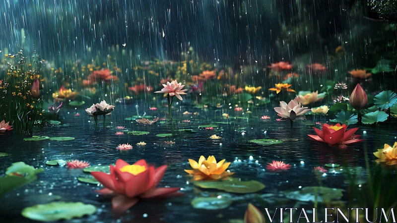 Rainfall turns the lotus pond into a shimmering sky of color