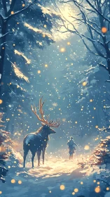 Luminous winter forest encounter with stag and child silhouette.