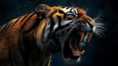 Roaring tiger profile under dramatic low key rim lighting.