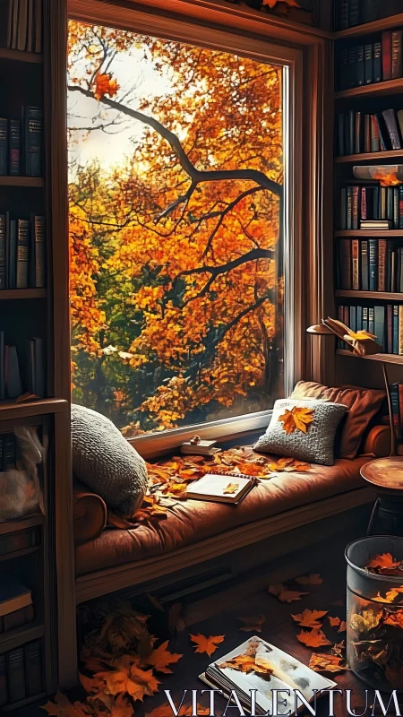 Autumn reading nook captures warm interior against vivid foliage
