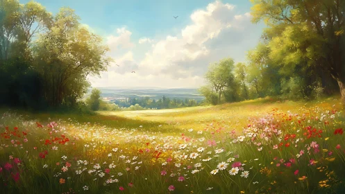 Sunlit wildflower meadow opening to a distant valley view.