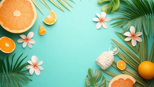 Tropical citrus layout surrounds bright turquoise summer backdrop