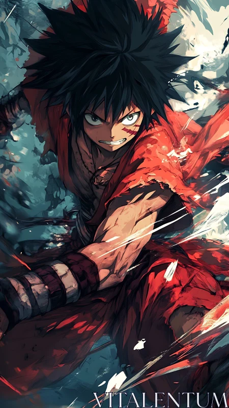 Intense anime fighter lunges forward in torn red outfit.