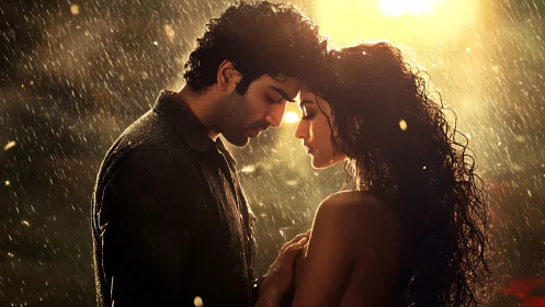 Intimate Silhouette: Backlit Couple Embraced in Precipitation.