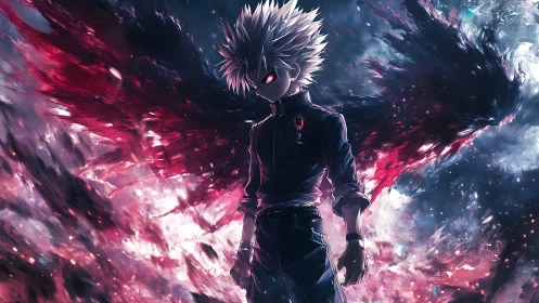 Stormborn antihero wreathed in crimson cosmic shadow wings.