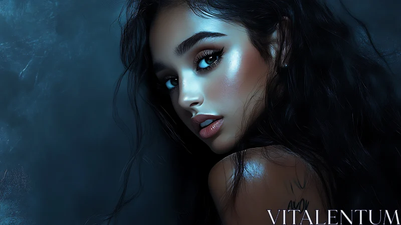 Moody teal portrait with glossy skin and luminous gaze.