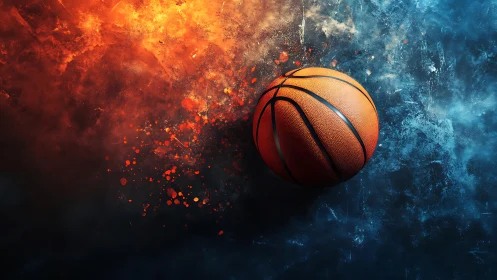 Fiery frost basketball exploding through vivid contrast.