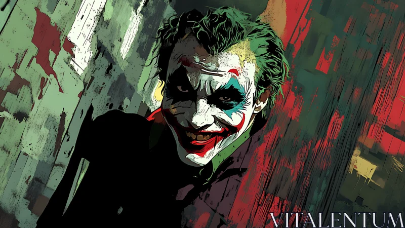 Sinister clown portrait in bold, chaotic painted colors.